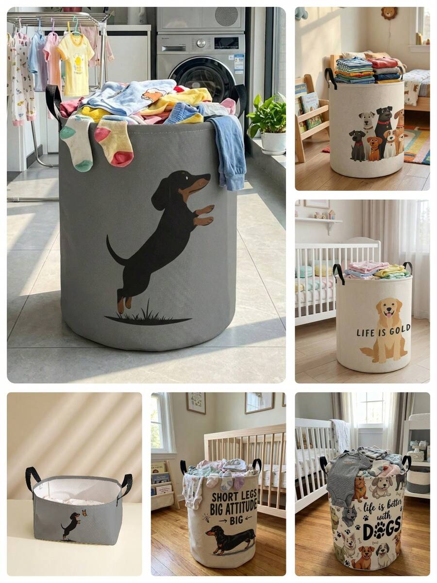 1pc Cartoon Puppy Print Foldable Round Storage Basket With Handle, Large Capacity Multi-Purpose Storage Bin For Nursery, Baby Diaper, Clothes, Toys Organization - Multicolor - View 1