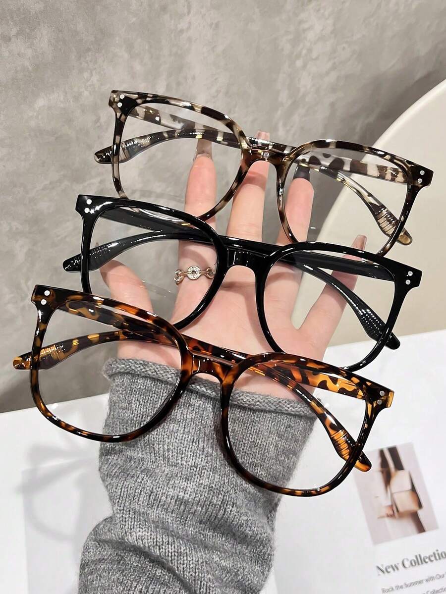 3pcs/1 pieza Gafas transparentes cuadradas de gran tamaño para mujer con estampado de leopardo, estilo bohemio, material TR, adecuadas para todas las estaciones