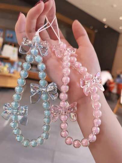 Bow Knot Phone Lanyard Wrist Strap Short Chain Pendant, Crystal Beaded Charm Accessory, Universal
