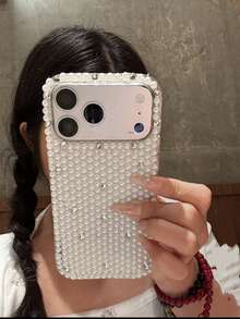 Korean Ins Girl Aesthetic Pearl & Rhinestone Phone Case Compatible With IPhone 17 Pro Max, 16 Pro Max, 15 New, 17 Pro, 16 Pro, Luxury Shockproof Full Coverage Protective Cover - White - View 8