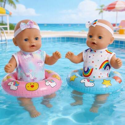 Bộ đồ bơi búp bê kèm mũ đội đầu, phù hợp với búp bê cao 14-18 inch (không bao gồm búp bê), chất liệu vải thoải mái với mũ đội đầu nơ xinh xắn, họa tiết độc đáo, món quà bất ngờ tuyệt vời nhất dành cho trẻ em trong các dịp lễ.