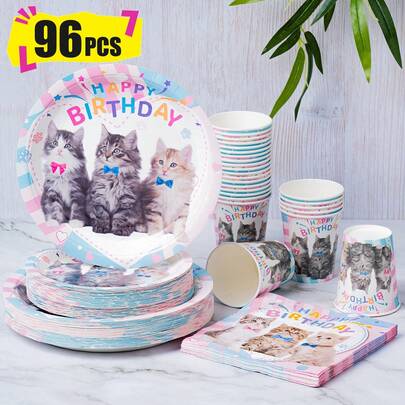 3件套猫咪主题一次性餐具套装，适用于生日派对，包括餐盘、餐巾纸和纸杯，可供24位客人使用，一次性纸盘餐具套装，适用于生日、婚礼派对、家庭野餐。