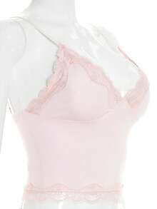 Sexy Lace Trim Camisole Crop Top Summer - Baby Pink - View 2