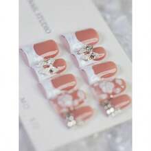 10pcs Y2K Style Red & White French Press-On Nails, Handmade 3D Floral Carved Duck Mouth Nail Tips With Silver Bowknot & Rhinestone Decor, Suitable For Daily And Party Wear, Great Gift For Women And Girls Nail Supplies Handmade Press On Nails - 紅白色 - 查看 4