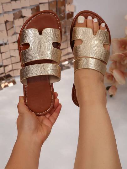 Wide Fit Spring Summer New Fashion Casual Women Slip-On Slippers, Comfortable Flat Heel Slip-On Beach Sandals Summer Shoes