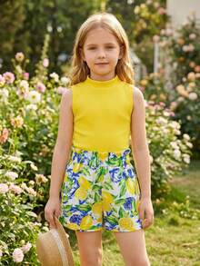 Young Girl Solid Ribbed Tank Top And Tropical Plant Print Shorts Set, Summer Vacation Beach Fashion Cute Minimalist Girls Outfit - Yellow - View 2