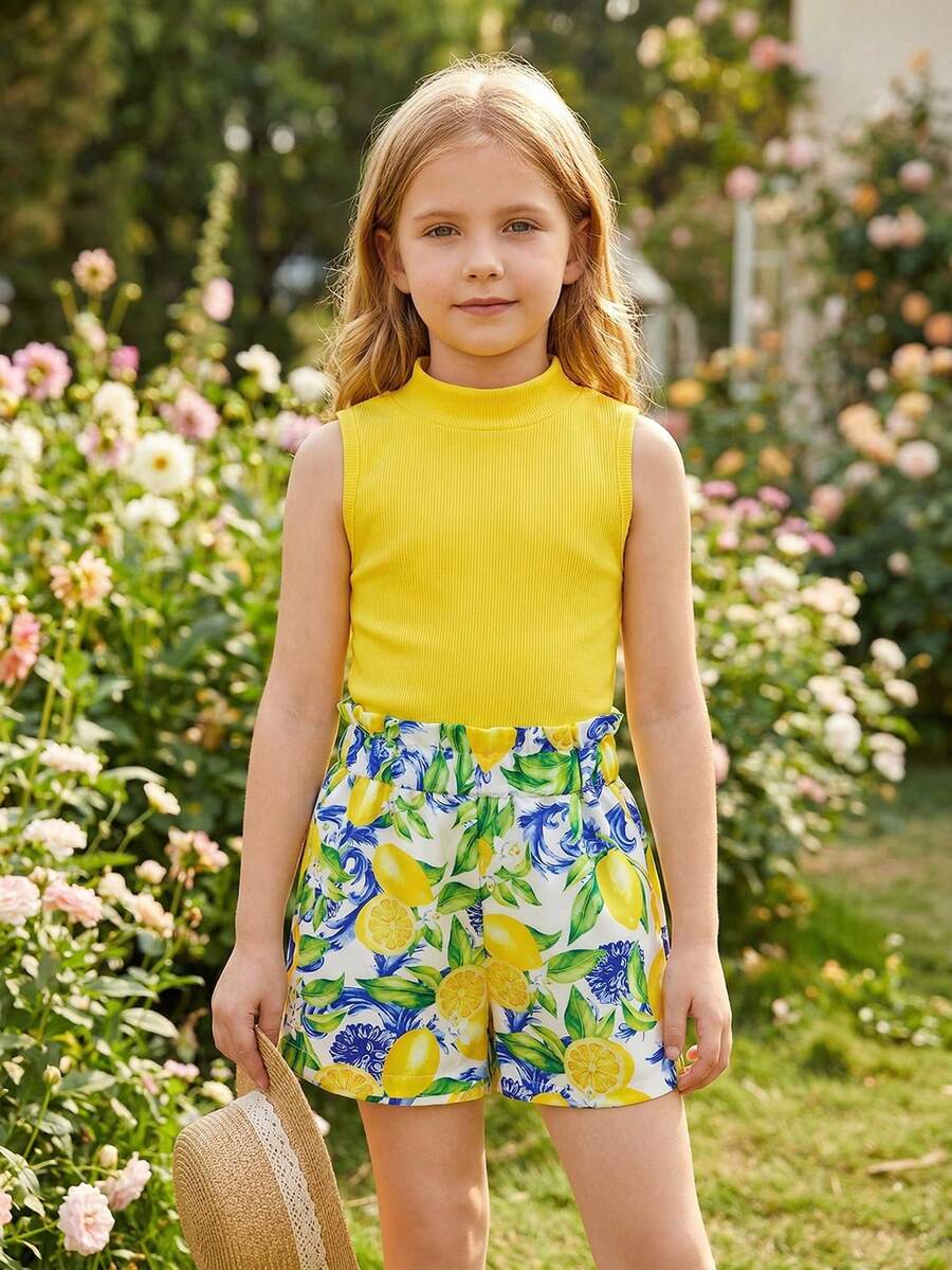 Young Girl Solid Ribbed Tank Top And Tropical Plant Print Shorts Set, Summer Vacation Beach Fashion Cute Minimalist Girls Outfit