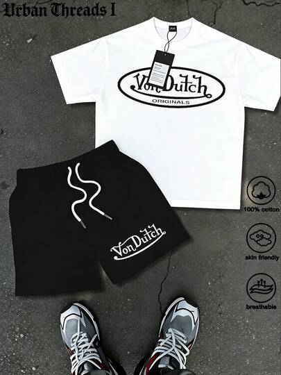 Men's Short Sleeve Shorts Set (2-Piece Set), Spring/Summer/Autumn Style, Short Sleeve T-Shirt+Drawstring Shorts, Soft And Comfortable Fabric, Machine Washable And Dry Cleanable, High Quality, American Retro Minimalist V On Dutch Printed Hoodie+Shorts, Hip Hop Style, Suitable For Festival Celebrations, Homecoming Season, Streetwear And Outdoor Activities