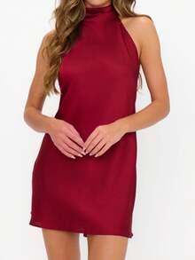 Women's Halter Neck Satin Mini Dress Sleeveless Backless Ruched Slim High Neck Solid Color Bodycon Short Dresses Evening Party Dress Wedding Guest Dresses Formal Dress - Red - View 6