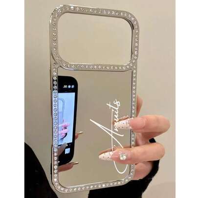 Personalized Luxury Customized Emboss Letter Name Rhinestone Makeup Mirror Phone Case Compatible With IPhone 17 Pro Max 16 Pro Max 15 Pro Max 14 Pro Max 13 12 11 17Air Plus Protective Back Cover