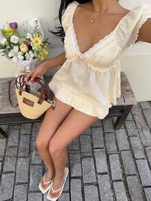 Women's Pink V-Neck Cute Sweet Lace Patchwork Short Sleeve Blouse, Suitable For Picnic, Home, Date, Vacation, Versatile - Hồng - Xem 5