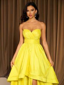Sexy Yellow V-Neck Criss-Cross Backless Tie-Up Asymmetric Hem Party Evening Dress Wedding - Yellow - View 3