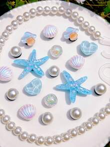 20pcs Blue Sequin Starfish, Colorful Shells, Pearl Chains, Water Ripple Heart ABS Resin Shoe Charms DIY Detachable - Personalized Footwear Style - Blue - View 3