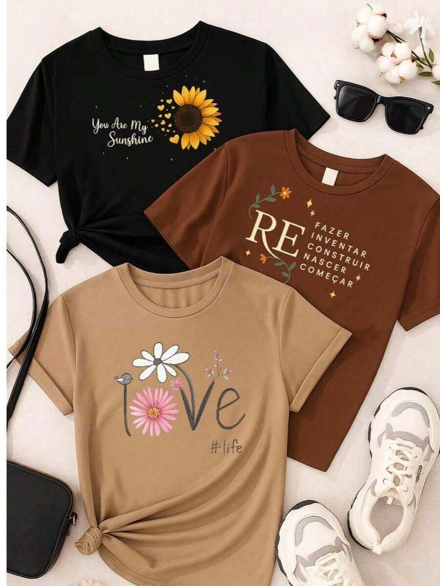Set Of 3 Women's T-Shirts, 100% Cotton, Printed – Casual Fashion, Sizes S, M, L, XL, Comfort And Style - 黑色/棕色/米色 - 查看 1