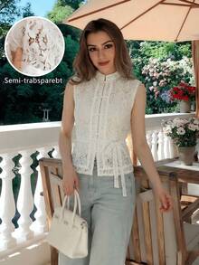 Áo sơ mi trắng ôm dáng cổ ren móc mùa xuân/thu, kiểu dáng thanh lịch dành cho quý cô công sở, dáng ôm vừa vặn, thiết kế tay phồng, cúc rỗng ren toàn bộ, mang hơi hướng lãng mạn Pháp, áo lót duyên dáng mùa hè. - trắng - Xem 1