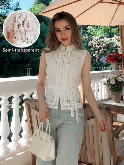 Áo sơ mi trắng ôm dáng cổ ren móc mùa xuân/thu, kiểu dáng thanh lịch dành cho quý cô công sở, dáng ôm vừa vặn, thiết kế tay phồng, cúc rỗng ren toàn bộ, mang hơi hướng lãng mạn Pháp, áo lót duyên dáng mùa hè.