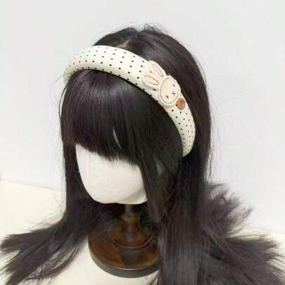 Hasbro Rabbit Embroidered Polka Dot Headband – Padded Wide Hairband With Cute Bunny Embroidery, Soft Fabric & Comfortable Fit, Perfect For Daily Wear, Hairstyling & Fashion Accessory, Minimalist Sweet Style