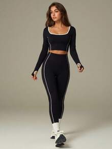 UONNOU Bộ đồ thể thao 2 món dành cho nữ mùa xuân/thu: quần legging xếp ly cạp cao và áo croptop cổ tròn có lỗ xỏ ngón tay, thích hợp tập yoga và thể dục. - màu đen - Xem 2