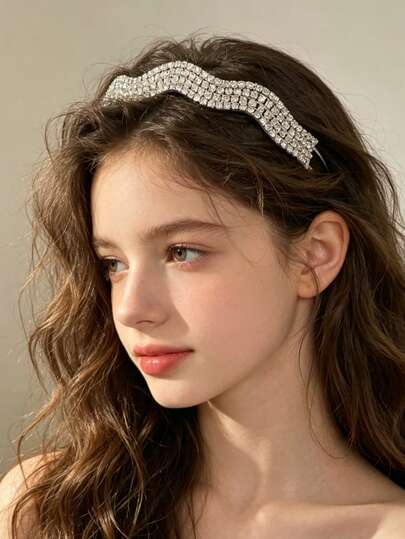 1 pieza Accesorio para el cabello de niña, diadema ondulada con adornos de rhinestone, adecuada para uso casual, vacaciones, fiesta, dama de honor, boda