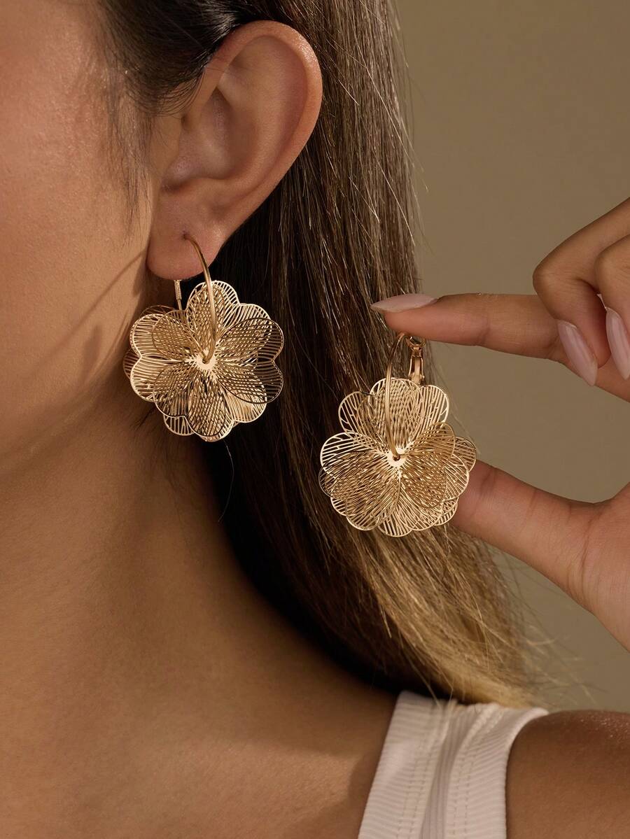2件套精美镀金镂空花环耳环,多层花瓣和心形花瓣耳环,优雅金色花蕊耳环,适合伴娘和日常佩戴 - 金黃色 - 查看 1