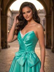 Stylish Strapless Ball Gown For Women, Sleeveless Knee-Length Flared Skirt Party Dress, Backless Wrap-Around Zipper Detail. Wedding Spring - Green - View 3