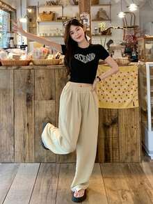 Áo len nữ cổ tròn tay ngắn in chữ, kiểu dáng thường ngày, thích hợp cho mùa hè. - màu đen - Xem 7