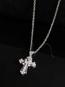 1pc Minimalist Rhinestone Cross Pendant Necklace, Luxury Elegant Fashion Versatile Religious Jewelry, Suitable For Daily Wear, Commute And Gatherings - Silver - View 1