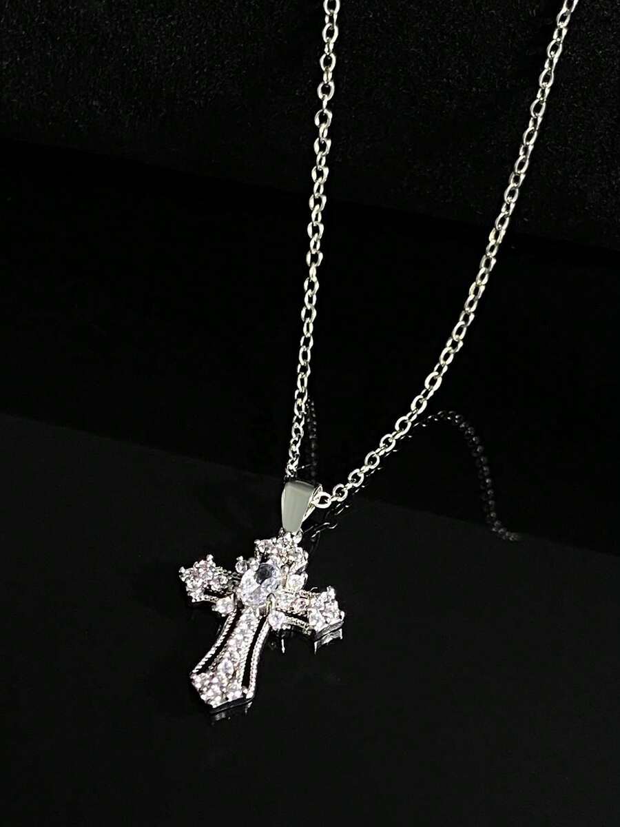 1pc Minimalist Rhinestone Cross Pendant Necklace, Luxury Elegant Fashion Versatile Religious Jewelry, Suitable For Daily Wear, Commute And Gatherings - Silver - View 1