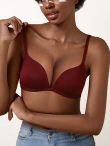 Sujetador inalámbrico para mujer - Sujetador cómodo tipo camiseta, elevación todo el día, soporte de escote y ajuste sin costuras, confianza diaria - Burdeos - Ver 6