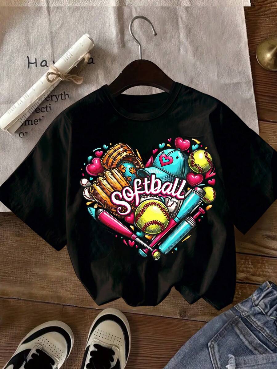 Children' S ShortSleeve Tops For Summer Softball Heart Print TShirt, A Casual, Pure Cotton Tshirt Featuring A Crew Neck. Crafted From A Mediumstretch Knit Fabric, It Is Soft And Breathable. Designed With A Regular Fit Suitable For Both Boys And Girls, It Embodies A Summery Style And Is Ideal For Wear During The Spring, Summer, And Autumn Seasons. Softball