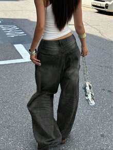 Teen Girls' Fashionable Straight Leg Wide Leg Casual Jeans - Grey - View 2