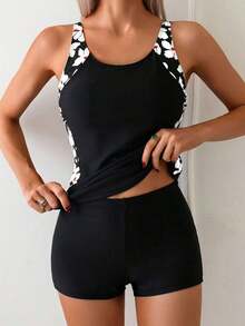 Women's Fashion Camisole Set, Round Neck Floral Trim Top Paired With Solid Black Swim Shorts, Casual Sexy, Medium Stretch.Vacation - 黑色 2 - 查看 2