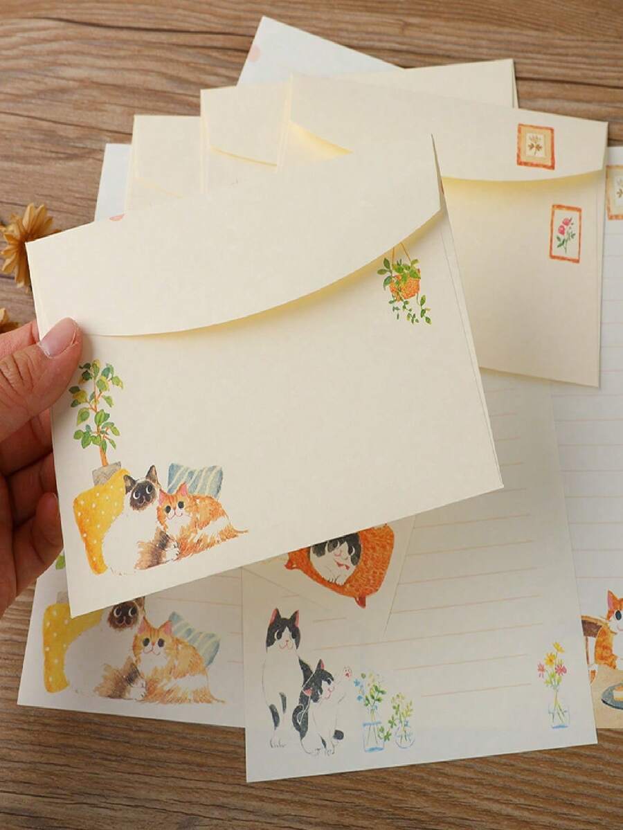 9 piezas de papel de carta estilo chino con diseño adorable de gatos, sobres occidentales exquisitos y adorables - Rectángulo - Ver 1