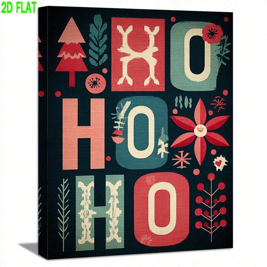 Arte de Pared Navideño en Lienzo 2D Plano, 1 Pieza con Marco de Madera con Letras HO HO HO, Árbol de Navidad y Patrones Florales - Decoración Temática Vibrante y Adorable para Sala, Dormitorio, Comedor, Estudio, Oficina o Entrada - Añade un Ambiente Acogedor de Fiestas a la Decoración del Hogar - Sin marco - Ver 1