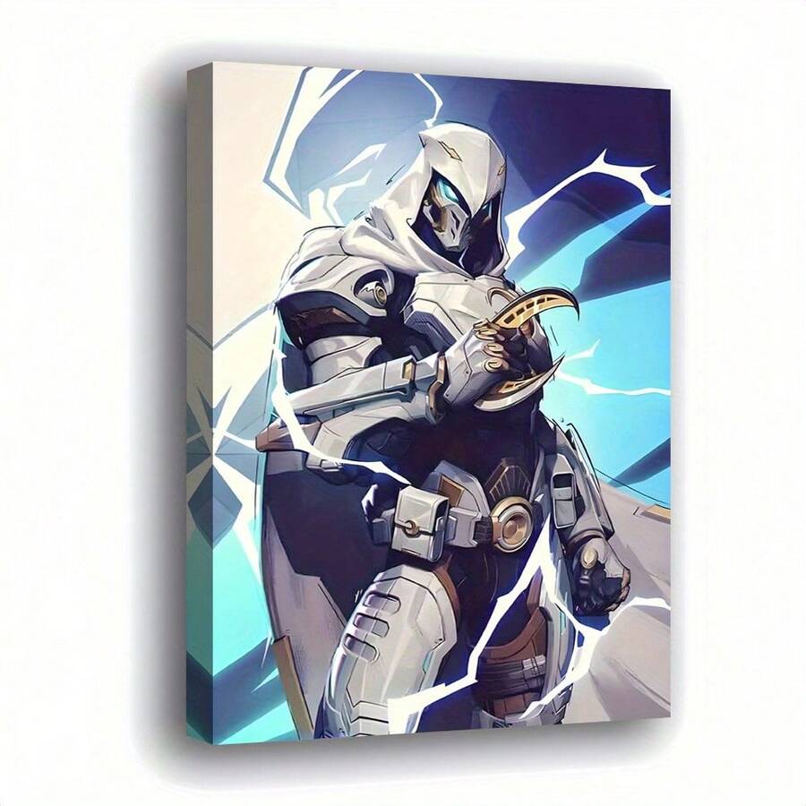 Lienzo artístico 2D plano, 2D plano, de 29.97*44.96 cm, enmarcado en madera, con un personaje de ciencia ficción vestido con armadura plateada, con capucha y ojos azules brillantes. El personaje porta una espada dorada, rodeado de rayos. - Sin marco - Ver 1