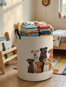 1pc Cartoon Puppy Print Foldable Round Storage Basket With Handle, Large Capacity Multi-Purpose Storage Bin For Nursery, Baby Diaper, Clothes, Toys Organization - Multicolor - View 13