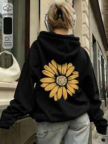 Cotton Women's Tops, Summer Daisy-Print Tops, New Spring/Summer Arrivals: Spring/Summer Hoodies, Spring/Summer Women's Clothing - Black 2 - View 3