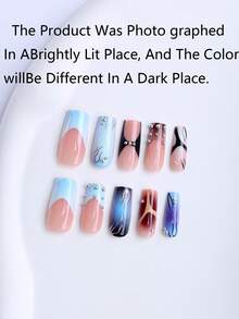 24 Square Acrylic Nail Art Gift Box Set, Millennial Style, Unique Blue-Black Gradient Caramel Light Blue Ombre French Edge With Silver Steel Ball Embellishment, Incorporating Geometric Lines, Irregular Flame Art, Y2K Style, Detachable And Reusable, Easy For Beginners, Suitable For Dates, Parties, And Everyday Wear, Versatile And Goes With Everything, False Nails With Jelly Gel, 1 Nail File, 1 Nail File. - Multicolor - View 5