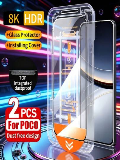 2片装8K高清防尘钢化玻璃屏幕保护膜，兼容小米POCO X7、X6、F7 Ultra、F6 Pro、X5、X4 GT、M5S、F3、F4、F5、M4 Pro 5G，自动除尘安装，9H+硬度钢化玻璃，兼容手机壳