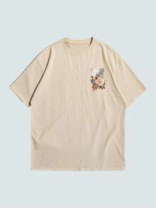 男士东方绘画花卉印花休闲圆领短袖上衣 - 杏色 - 查看 4