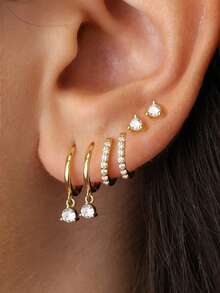 Bộ 6 khuyên tai vòng hình lá và hoa bằng đồng khảm đá Cubic Zirconia sang trọng, thích hợp làm quà tặng cho nữ nhân dịp hẹn hò, đám cưới, tiệc tùng, mẹ, vợ, bạn bè nhân dịp sinh nhật. - Vàng - Xem 3