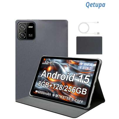 Qetupa 10.1英寸安卓15平板电脑，MTK8788八核2.0GHz处理器，8GB内存+128GB/256GB存储空间（支持1TB扩展），高清(1280x800) IPS触控屏，500万像素前置摄像头和1300万像素后置摄像头，6000mAh电池，支持802.11ax Wi-Fi 6、蓝牙5.2、GPS、Type-C充电，不支持SIM卡