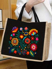 波西米亚风花卉图案手提包亚麻套装，女士手提包和钱包组合，单肩包，大容量手提包，购物袋。母亲节礼物 - 彩色 - 查看 15
