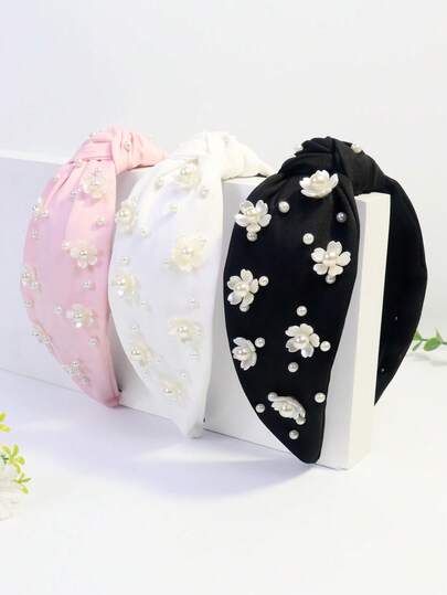 1件装女士花卉印花珍珠雏菊休闲可爱涤纶打结发带