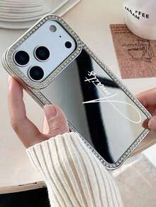 Personalized Luxury Customized Emboss Letter Name Rhinestone Makeup Mirror Phone Case Compatible With IPhone 17 Pro Max 16 Pro Max 15 Pro Max 14 Pro Max 13 12 11 17Air Plus Protective Back Cover - Silver - View 4