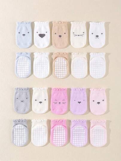 5/10/20 Paar Baby Mädchen Socken mit gerüschten Kanten, mit Gesichtsmustern und rutschfesten Punkten, geeignet für Lauflernende Kleinkinder und Innenbereich, weich, atmungsaktiv und dehnbar, passend für 0-36 Monate Babys Alltagskleidung und Schulanfang, toll als Babyparty Geschenke und für frischgebackene Mütter