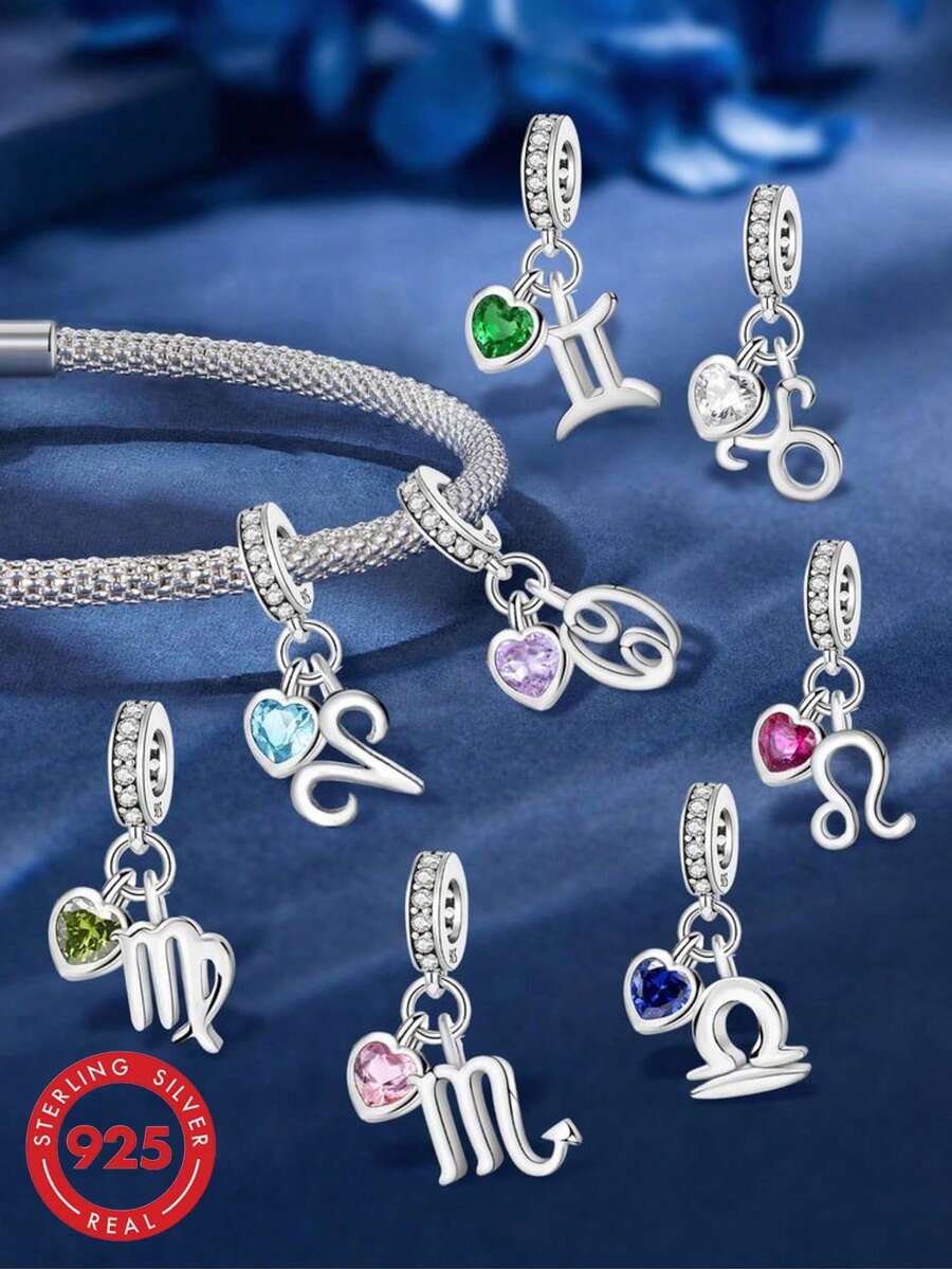 1pc 925 Sterling Silver Heart-Shaped Zodiac Bead Pendant, Suitable For DIY Jewelry Making And Daily Outfit Decoration, Gift For Women (Aquarius) - Zodiac Pendant Beads - View 1