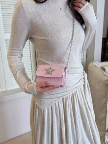 Mini Fashion Chain Shoulder Bag, Star Diamond Stylish Shoulder Bag, Mini Lipstick Coin Purse - Baby Pink - View 10