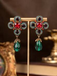 Vintage Victorian Style Cross Flower Gemstone Luxury Earrings, Antique Gold Tone Multi-Color Crystal Teardrop Earrings, Suitable For Formal Occasions Like Gala, Wedding, Ball, Vintage Theme Party, Essential Accessory To Create An Elegant Medieval Ambiance - Multicolor - View 3