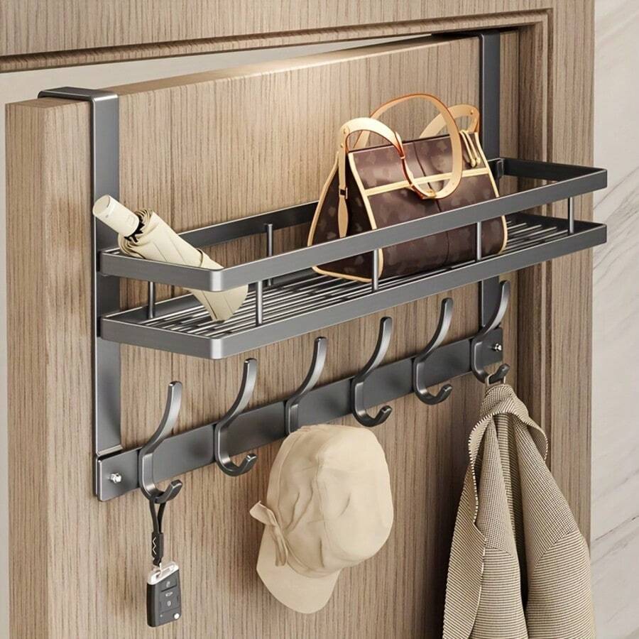 1pc Over-The-Door Storage Rack, Made Of High-Quality Rust-Resistant Material, Suitable For Bedroom, Bathroom, Kitchen And More Scenes, Can Be Used To Store And Hang Clothes, Umbrellas, Seasonings, Space-Saving Household Essential, With 5 Hooks, 2 Color Options, No Drilling Required. Easter Gift, Mother's Day Gift. Must-Have For Storage Enthusiasts.